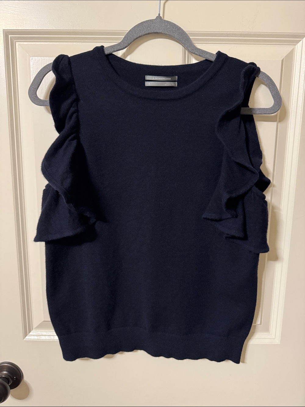 Anthropologie Classic Navy Ruffle-Sleeve Knit Top